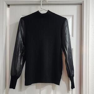 Sioni Black Sweater with Leather-Style Sleeves